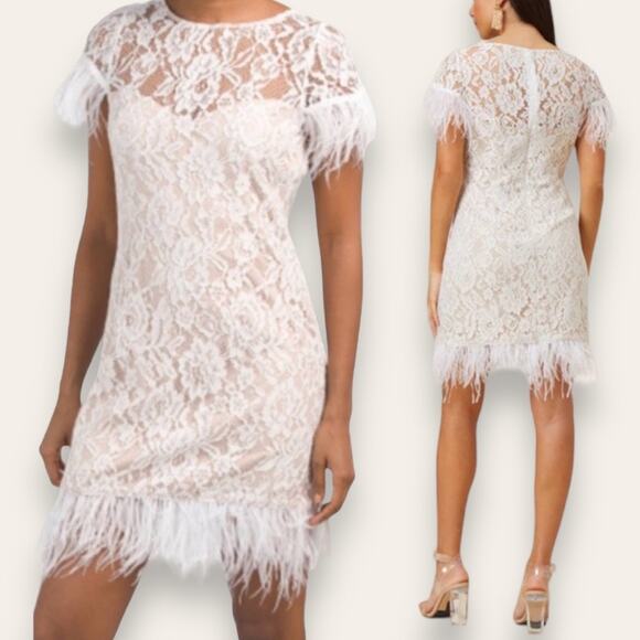 NWT AIDAN MATTOX DRESS WHITE LACE SHEER FLORAL FEATHER FRINGE COCKTAIL BRIDE - Picture 1 of 16